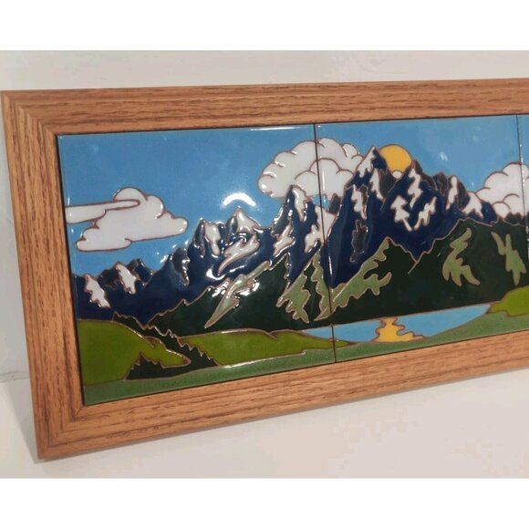 Mountain Moon Reflection Triptych Native Folk Art Deco (3) 6" Tiles 20x8" Framed - Picture 2 of 14